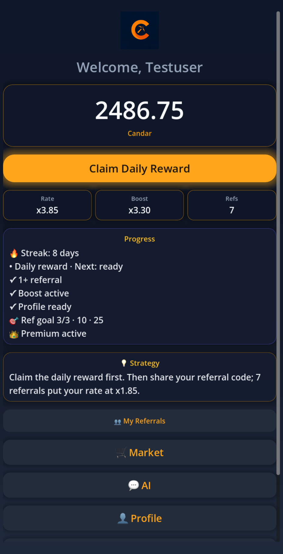 Daily points, streak, and progress in the Candar app